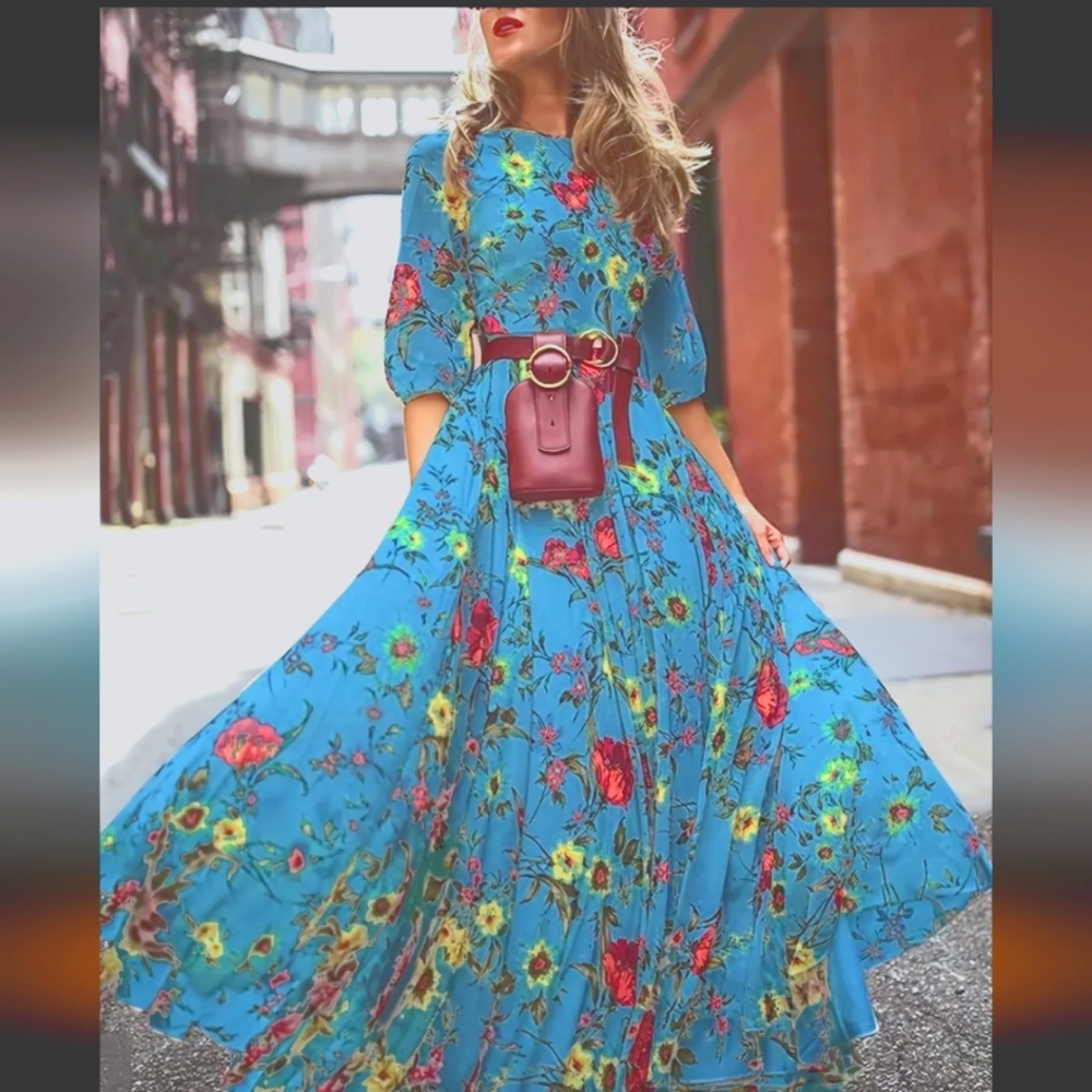 Source Unknown Blue and Red Tiered Maxi Sundress